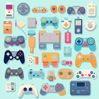 Gamepads vector clipart, vector cute collection, in the style of# screenshotsaturday, light blue soft pastel background, flat areas of color, flat color blocks, 1970–present, rough - edged 2d animation, lightbox, colorful animation stills, high quality clipart, front view