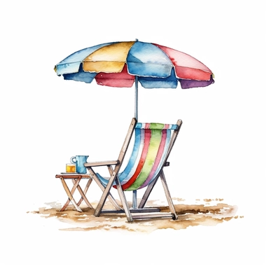 Watercolor Beach Chair, sky, beach, umbrella, ball, Summer party, Swim ring clipart on the beach, white background, detailed, 8K