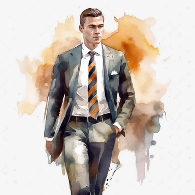 Watercolor Clipart Athletic Man in Suit Businessman Handsome Olive Skin ar 2:3