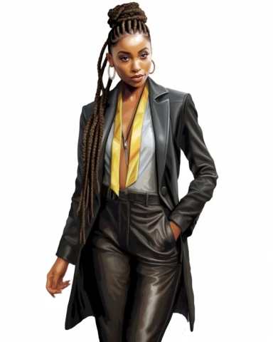 Extremely realistic digital illustration clipart, vector art of ultra beautiful African American woman entrepreneur with beautiful goddess braids, dressed in leather business knee length dress suit with nice colorful scarf in the year 2023, standing in the center of an office on a white background