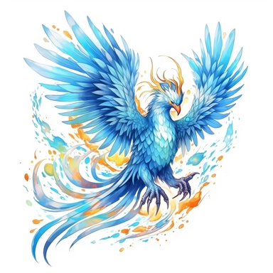 a glowing phoenix with blue lights on his eyes, fantasy creatures, watercolor style, in the style of bold black outlines, manhwa character design, master of white, pure white and light azure, 2d game art, quadratura, clipart, on white blackground
