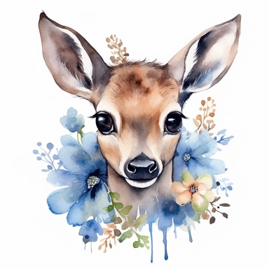 beautiful deer with antler Clip Art, blue flowers, clear Background, Aquarell, kuwaii Chibi, mich Detail