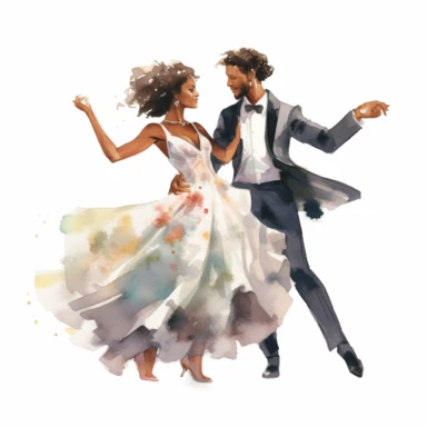 Athletic Afro-Caribbean bride and slim Caucasian groom, dancing gracefully at the reception, elegant and enchanting, watercolor, Pixar style, Clipart on a white background.
