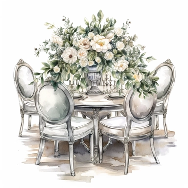 Hand drawn dining table and chairs, with a wedding centerpiece, white roses and white flowers with greenery, sparkly crystals, glamorous, very detailed and realistic, watercolor, clipart style, white background with margins