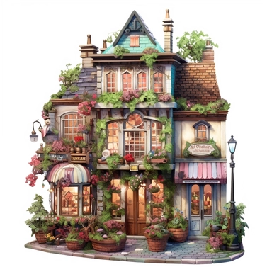 a very cute toy shop with lots of toys , clipart, exterior view, cozy, flowers, luminious, dramatic lighting, super detailed, daytime, Thomas Kinkade style, watercolor, 8k, on isolated white background