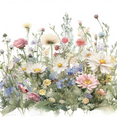 a simple gorgeous elegant flower border arrangement lining up with wildflowers and flowers, and green foliage on white background clipart, Soft and whimsical pastel shades like baby pink, mint green, and pale blue color theme, watercolor painting, oil painted, high quality, vibrant, Vicente Romero Redondo, Willem van Aelst, Elsa Beskow