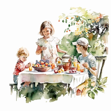 digital watercolor clipart of summer breakfast time in a garden picknic family tea in the table garden colorful on a white background