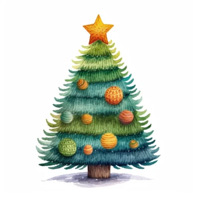 A Christmas tree, full color, knitted painting texture, Perfect for nursery art and children's book illustration style, simple, cute, full color, clipart, watercolor illustration, single object, high definition 8k, white background for removing background