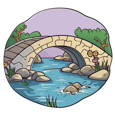 Sticker Clip Art of a River with a stone Bridge in the distance, children friendly, illustrated in a playful style, perfect for any special occasion, cut out in the shape of a River with a Bridge, with no visible background, giving it the appearance of a sticker, conveying a whimsical mood, edited with Adobe Photoshop to adjust brightness and contrast, rendered as a transparent PNG file with a high resolution to ensure a crisp and clear image with no pixelation, suitable for various applications