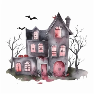 Halloween scary house, dark pink and gray color, watercolor, clipart, illustration, white background