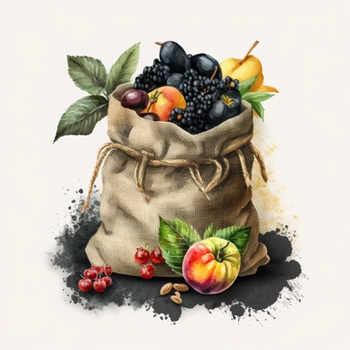 fruits in a black burlap sack, watercolor clipart, transparent background