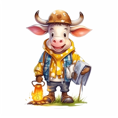 cute Cow character wearing camping clothes and camping gear with happy face,front facing on isolated background,with happy face and expression,Animal Sublimation Clipart,no splash watercolor,white background, ultra detailed clipart, cut out image, colorful watercolor realistic, cartoon style, ultra HD, sharp and clean art