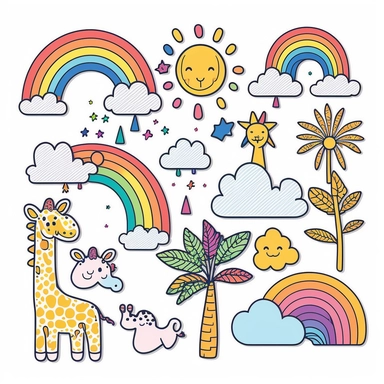 Simple vector drawing of giraffes, rainbow trees, suns, clouds, clipart, basic shapes, solid colors, joyful, doodle, sticker design, icons lineart white background