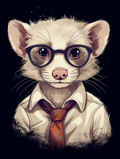 a portrait of a Ferret wearing a white shirt and glasses, looking tired and done with life, vector illustration, clipart, outlines, portrait,