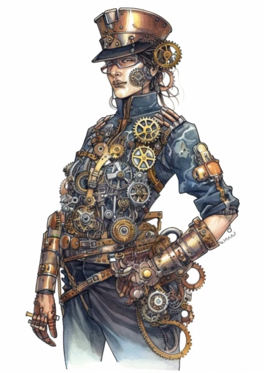 watercolor steampunk police officer in uniform decorated with some gears, highly detailed ,clipart, hd, on white background, spaced out