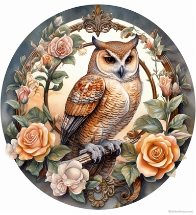 DESIGN A MAGNIFICENT AND EXQUISITE BREATHTAKING ONE-OF-A-KIND HIGH QUALITY HIGHLY DETAILED MASTERPIECE WATERCOLOR CLIPART ILLUSTRATION OF an owl is sitting in a circular frame surrounded by roses, in the style of light white and light amber, grid, nene thomas, gemstone, ruth sanderson, pictorial fabrics, pencilsteampunk, WHITE BACKGROUND