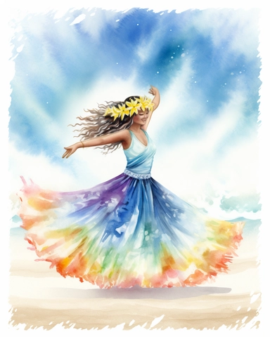 delicate watercolor pastel clipart of a Hawaiian hula dancer dancing in front of huge waves on the beach