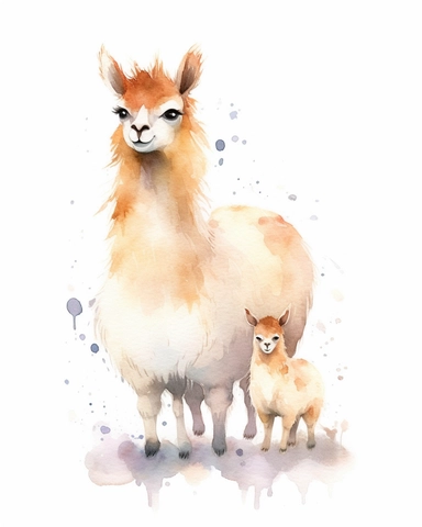 a cute watercolor clip art momma and baby llama floating on a plain white drop, 600 dpi,