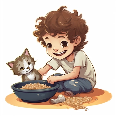 Clipart of a small boy (white boy, smiling, with brown wavy curly hair) hand sweeping up around the cat food and water dishes