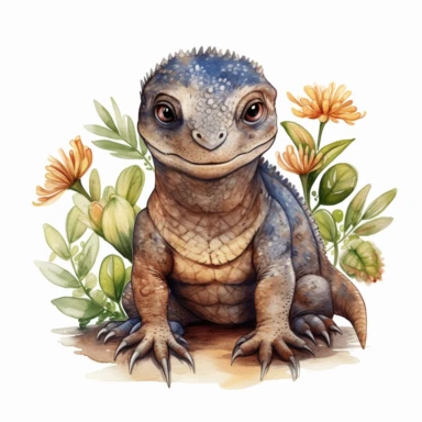 a standing up baby Komodo dragon with cute big eyes, happy smiling face, cute animal, adorable, playful atitude, adorable watercolor animal clipart with a few plant and flowers decor, no background, high quality very sharp with clear focus