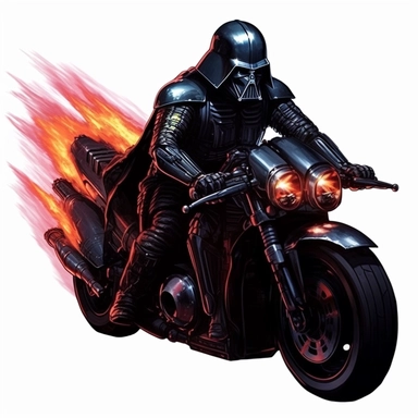 a realistic clipart, darth vader on his futuristic sports motorcycle