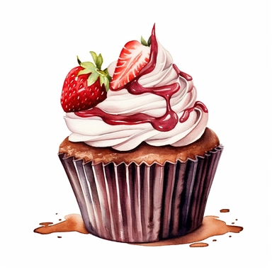 Watercolor Yummy chocolate stawberry cup cake clipart, hd, single object, white background