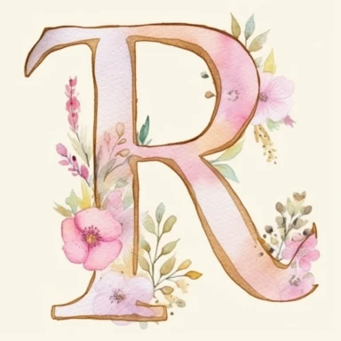 Clipart, Watercolor, Delicate, fine line, Gold Alphabet letter J, with soft pink flowers, pastel colors, hand-draw, texture