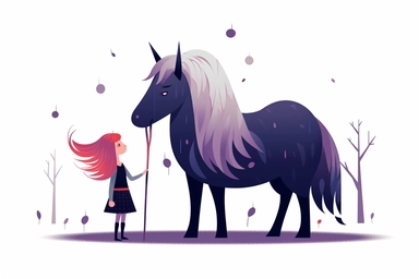 Design an adorable vector clipart of a magical unicorn standing beside a witch, with a flowing mane and a gentle expression. Viewed from a whimsical perspective, HD, spaced out, on white background