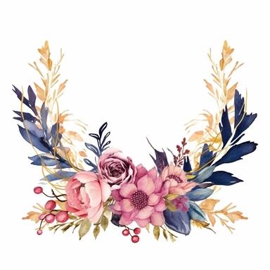 wedding floral clipart, floral rectangular border, watercolor, pink and golden and navy blue colors, isolated on white