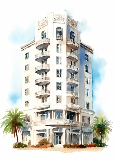 ultra detailed watercolor hotel, isolated on white background, realistic, clipart