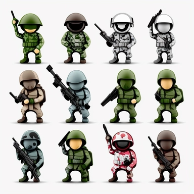 10 stickman soldiers stickers collection, clipart design, cartoon, 4k, white background, photo realism