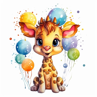 cute Giraffe character wearing birthday clothes and birthday element with happy face,front facing on isolated background,with happy face and expression,Animal Sublimation Clipart,no splash watercolor,white background, ultra detailed clipart, cut out image, colorful watercolor realistic, cartoon style, ultra HD, sharp and clean art