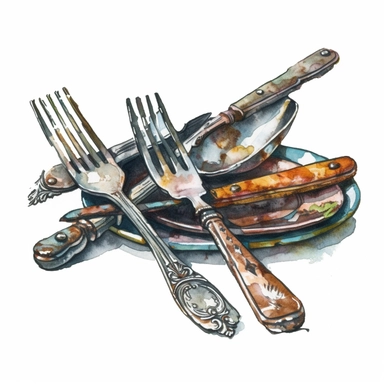 old Western cutlery, rusty metal, dusty, watercolor, clipart, white background