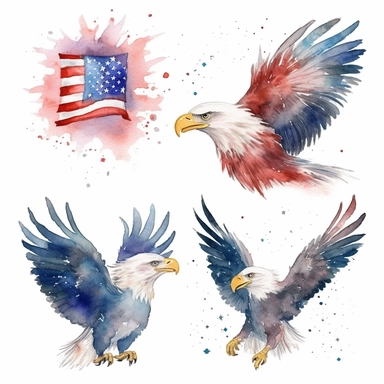 watercolor 4th of july american eagle with flag , illustrations clipart set, simple, , cartoon elements , r, different variants , separate elements with a margin