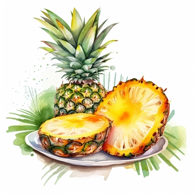 An Pineapple fruit with a slice cut out, placed on a plate or tray with other fruits or desserts , Watercolor, pastels, clipart, beautiful, colourfull, png transparent white background, high resolution, no caption q4 s2