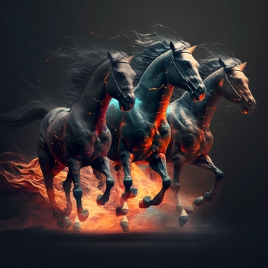 As the horses charge towards the enemy, their hooves pound the ground, creating a fiery intensity that echoes through the air, clipart, 8k, 3D.