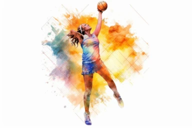 Watercolor, Generate an image of a netball player shooting the ball into the net clipart, hd, on a white background, spaced out
