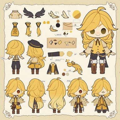 character sheet, knoling, clipart, inventory catalog, cute chibi character, golden wavy long hair, long bangs, yellow-green eyes, flat chest, beautiful young boy, gothic, frill, lace shirt, high West brown shorts, yellow bird, mimosa, yellow jewelry, ribbon