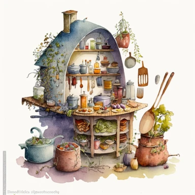 A hyper - detailed illustration watercolor clipart of a whimsical kitchen of a fairy house built out of natural materials by a human, complete kitchen utensil and kitchenware and foods in preparation watercolor illustration, illustration style a combination of Beatrix Potter and Tove Jansson, isolated on white background with margins, cut - out images, zoom on table , close up view