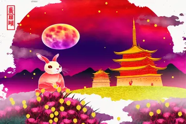 clipart, hand painted, watercolor, vectors, cosmic violet background, sharp focus, highly detailed, Rabbit with round eyes, Chinese New Year, Bright Red, Celebration, Colorful Confetti behind, Cute, Cheerful, Disney style, Moon behind, beautiful Chinese landscape with yellow barley field, red moon ,ancient pagoda and Buddha statue behind, wide angle ,
