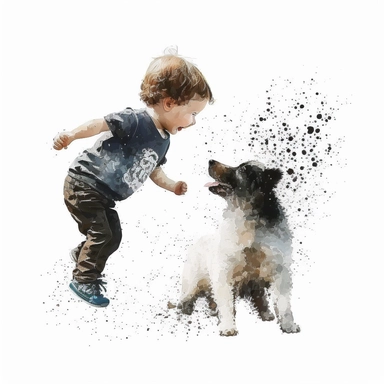 baby boy with dog dancing Watercolor Clipart, drip effect, clean white background, 16K Colors, clean white background