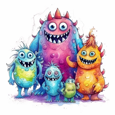 Cute Beautiful Cute Monster Family Sublimation Clipart,Cartoon, hyper realistic, intricate detail, illustration style,high solution,on the white background