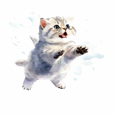 hand painted watercolor clipart, cream white gray colored scottish fold kitten jumping in the air and leaping forward wants to grab something, profile view, excited expression on face, childlike innocence and excitement, full body visible, hairs are visible, visible tail, I can't believe how cute, professional watercolor drawing, watercolor paper texture on drawing, isolated on white background