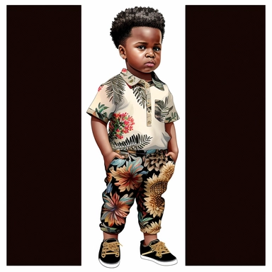 2d clipart, Full body, Gorgeous dark-skinned African American design of Beautiful tiny boy, attractive and chubby, She is wearing Juneteenth print pants, cool juneteenth print shirt, and cool shoes. 8k, white background, hyperrealistic