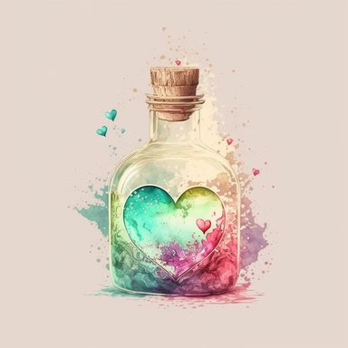 stronger colors dream illusion pastel color water white background clear old rustic Heart Bottle classic potion Valentine's Day Clipart vintage watercolor