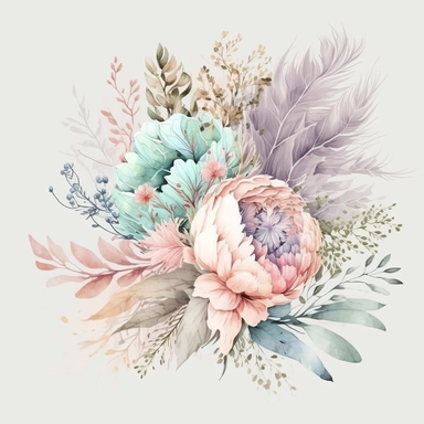 soft colorful pastel colored floral arrangement clipart, soft and subtle, colorful fairy pastel colors watercolor style, plain white background, use of fabric, intricate depth of shading in soft watercolor style, watercolor artwork