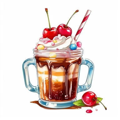 hd watercolor clipart, hot fudge sundae, fully detailed,