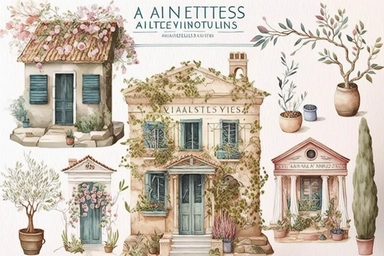 Very cute and Whimsical antique houses of Athens, ancient Greece, Parhenon, colorful, Watercolor, clip art, white background,