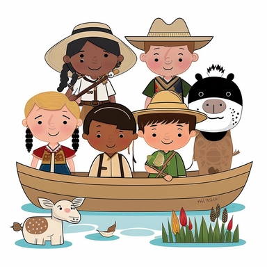 simple, traditional costumes, local foods, and animals, diverse characters, educational, history, and cultural diversity,row boat on a beautiful river, clipart style, cute, picture book style, captivating, kid friendly cute character, black and white, coloring book style, cartoon style, vector image, simple, line art style, character, white background