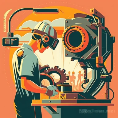 vr headset, virtual reality, industrial worker, poster, learning in vr gogle, repairing machine, simplistic, abstract, vector, 2d illustration, clipart, few colors, industrial, hi-tech